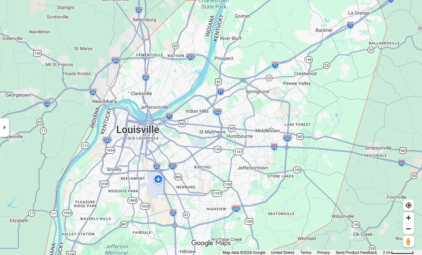 Map of the PROJUNK service area covering Louisville, KY and the surrounding Jefferson and Oldham County communities